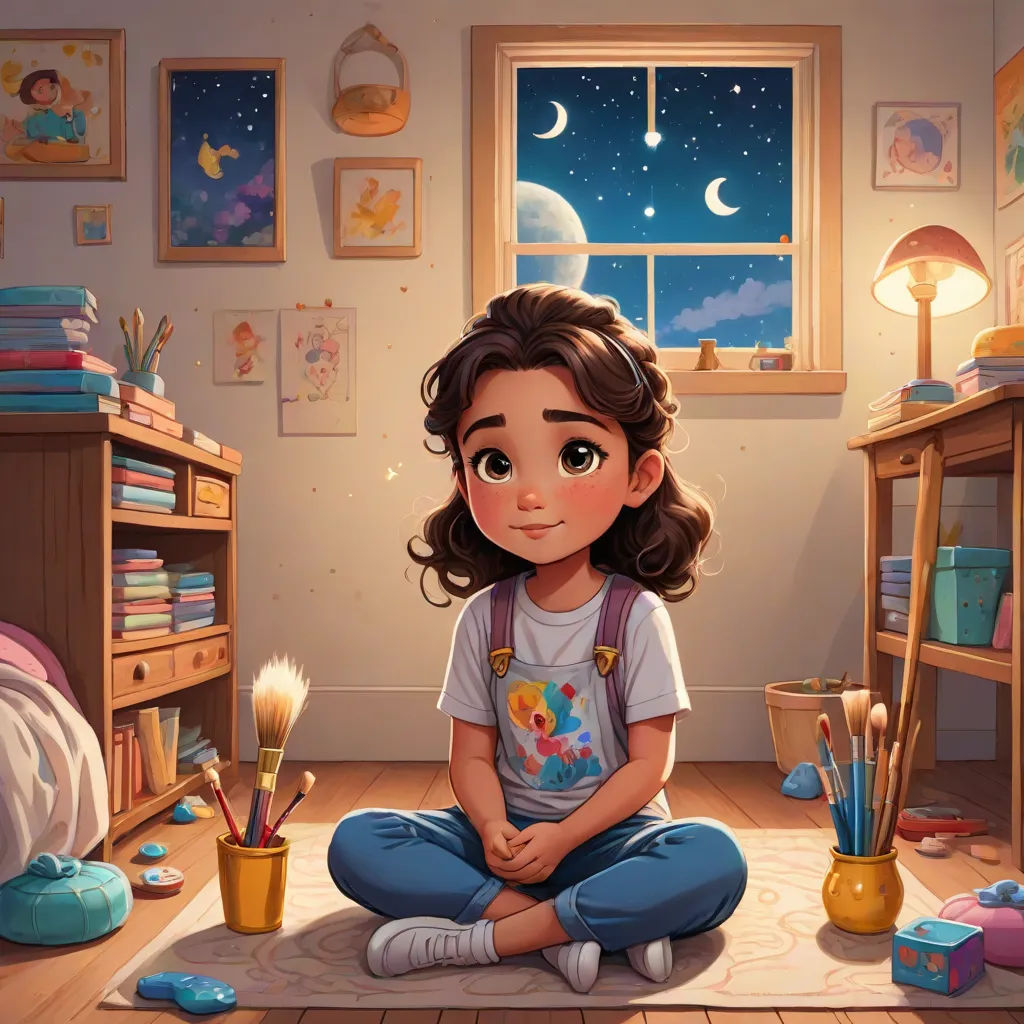 a girl sitting on the floor in a room with a window and a desk with a lamp on it, artist, space art, a storybook illustration, art station