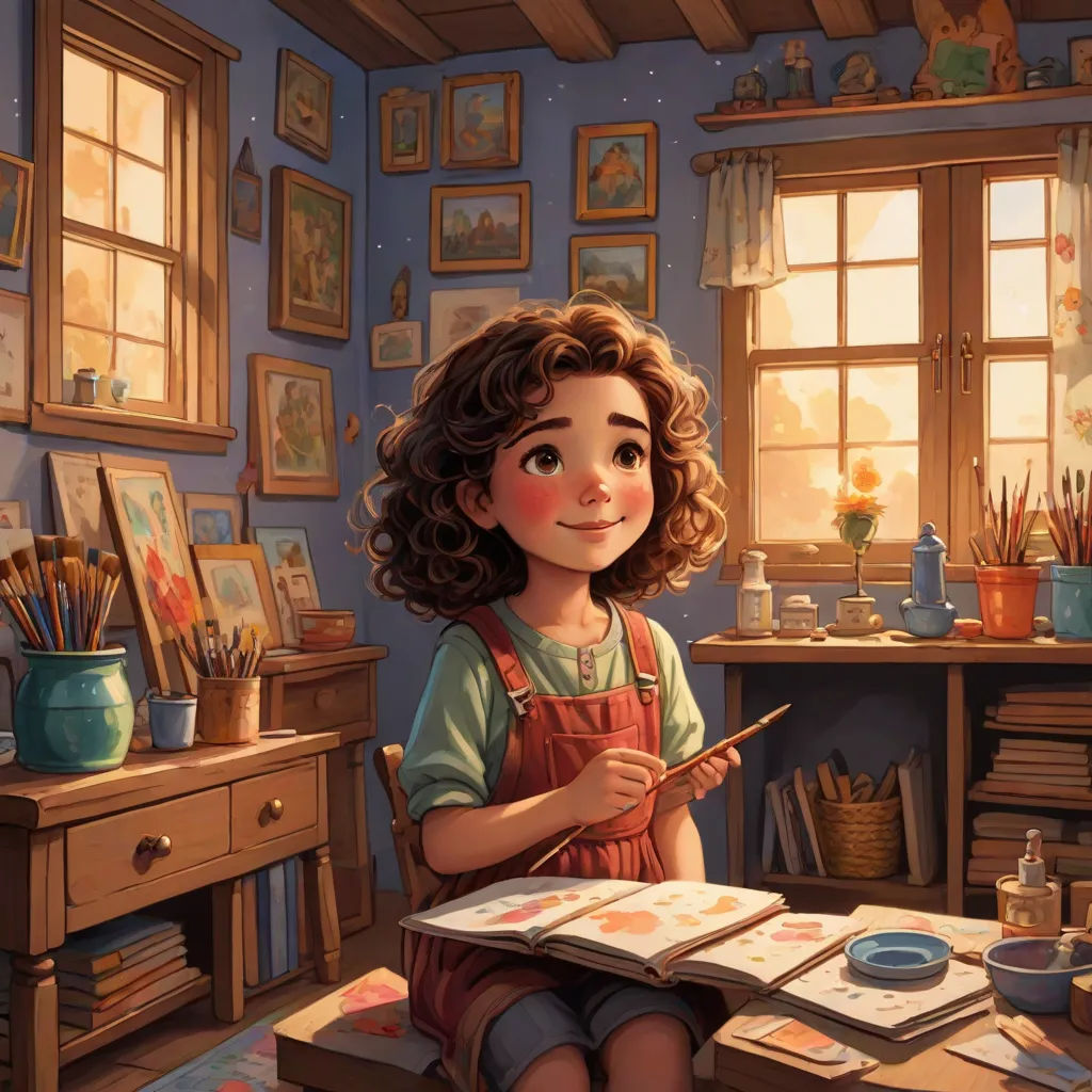a painting of a girl sitting at a desk with a book and a paintbrush in her hand and a window in the background, artist, fantasy art, a storybook illustration, storybook illustration