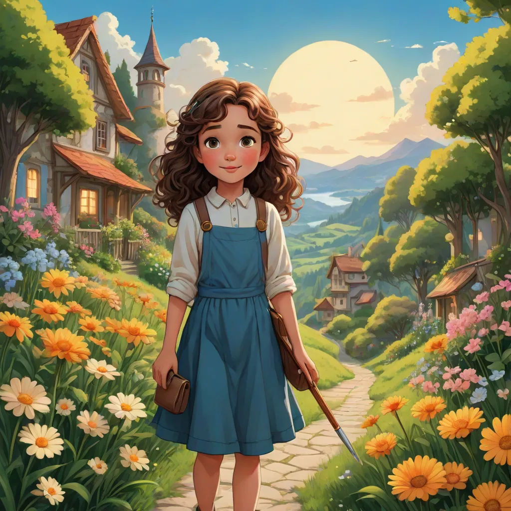 a painting of a girl in a blue dress walking down a path with a dog in her hand and a house in the background, Alice Prin, fantasy art, a storybook illustration, kinkade
