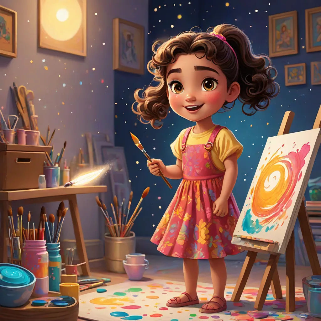 a little girl painting a picture in a room with a star ceiling and a painting on the easel, artist, space art, a detailed painting, trending on art station
