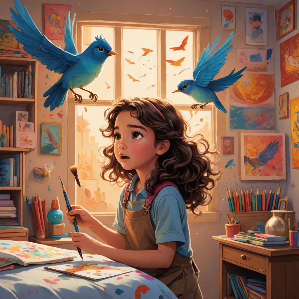 a girl is painting a bird on her head with a brush and a paintbrush in her hand while another bird is flying above her, Chris LaBrooy, fantasy art, a detailed painting, trending on art station