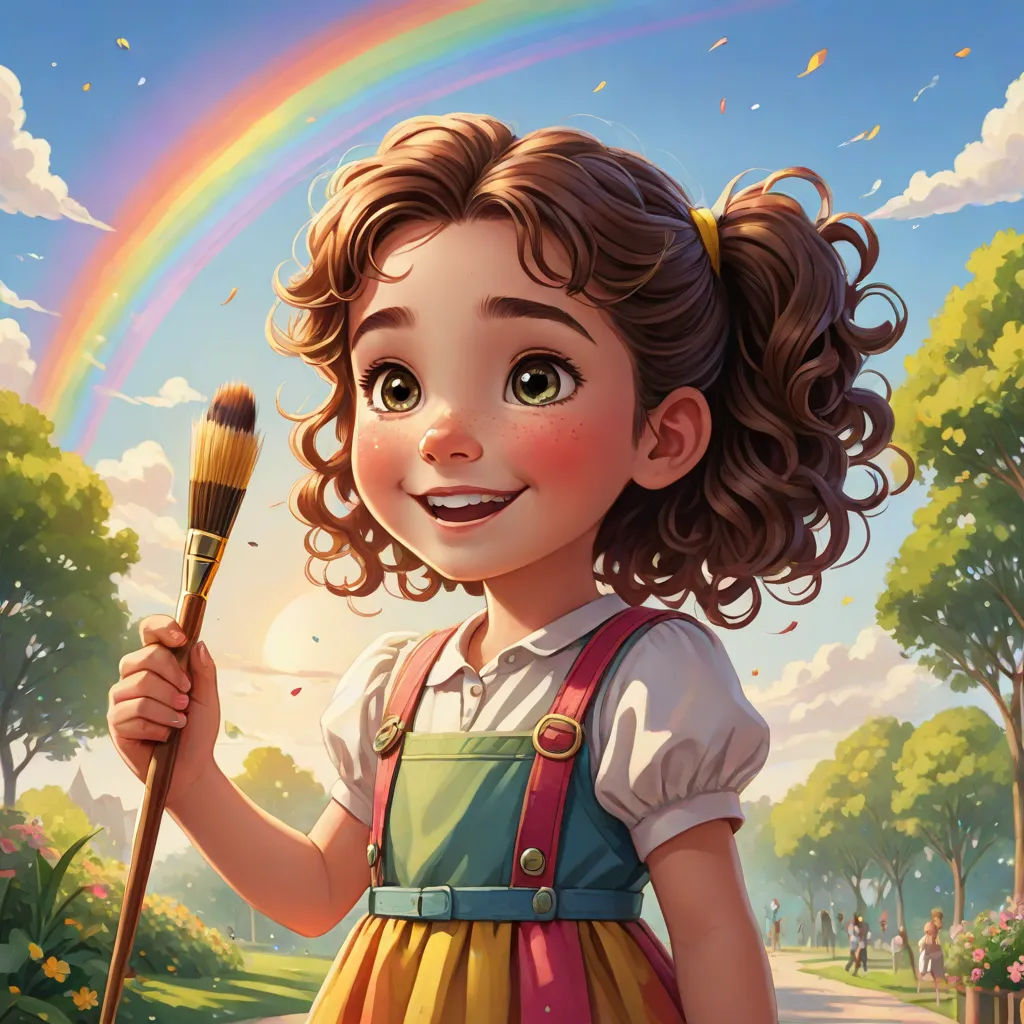 a painting of a girl holding a brush and a rainbow in the background with a rainbow in the sky, Bob Byerley, american scene painting, a detailed painting, trending on art station