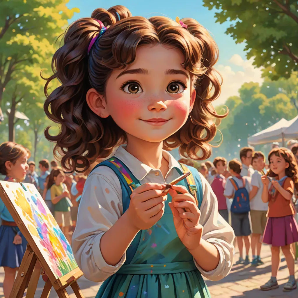 a painting of a girl holding a piece of art in front of a crowd of people in a park, artist, american scene painting, a detailed painting, kinkade