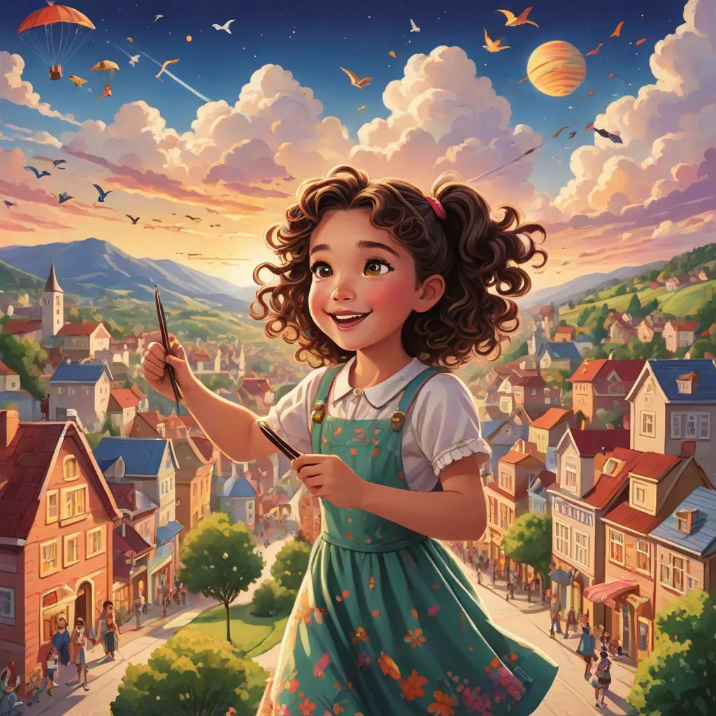 a painting of a girl holding a paintbrush and a painting of a town in the background with birds flying overhead, Bob Byerley, magical realism, a storybook illustration, kinkade