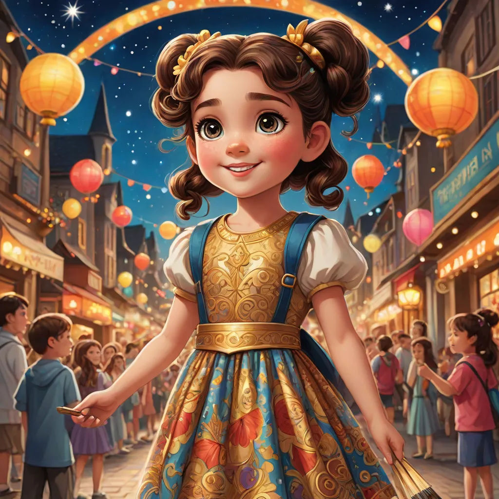 a cartoon girl in a dress holding a hand in a crowded street at night with lanterns and people in the background, Chen Lin, fantasy art, a storybook illustration, kinkade