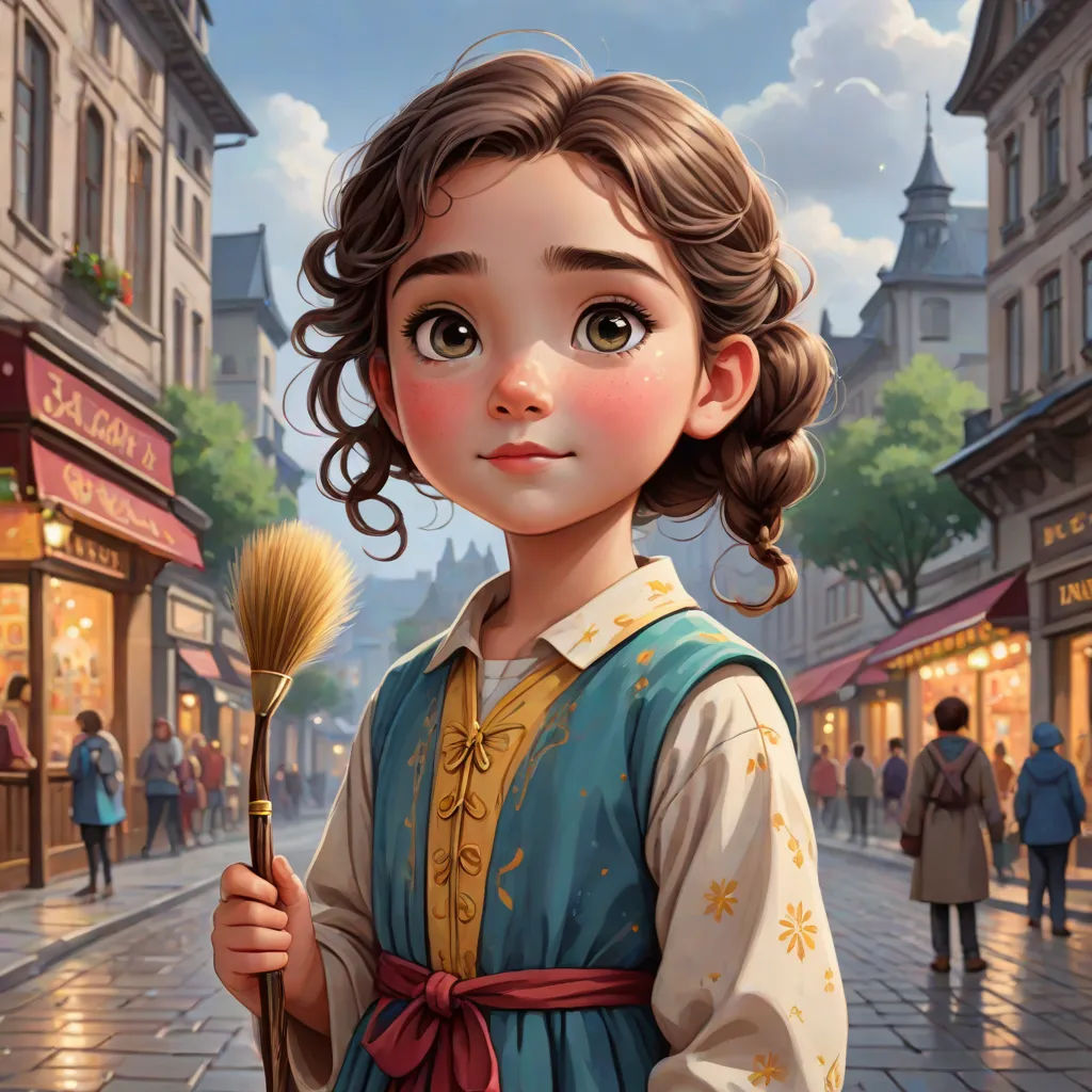 a painting of a girl holding a brush in a street with people walking by on the sidewalk and buildings, Clarice Beckett, fantasy art, a detailed painting, kinkade