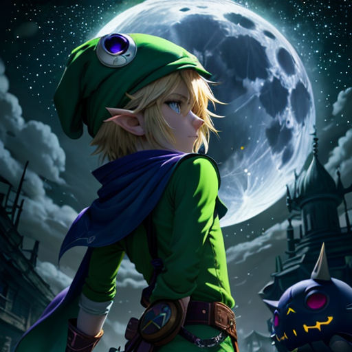 a cartoon of a link link between two people in front of a full moon and a castle with a giant moon behind them