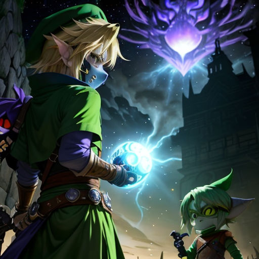 a couple of people standing next to each other in front of a castle with a dragon on it's back