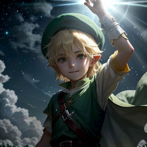 a young link link is holding a light saber in his hand and a star in the sky behind him