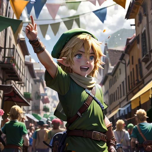 a cartoon character is waving in a town street with flags and buntings in the background and a crowd of people