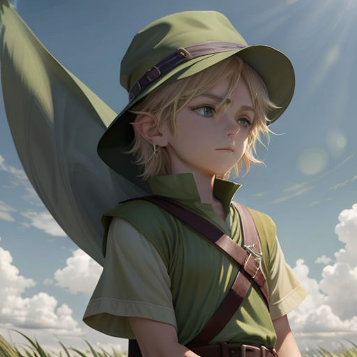 a woman in a green hat and green dress standing in a field of grass with a sky background and clouds