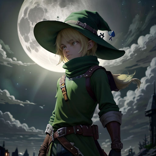 a woman in a green hat and green dress standing in front of a full moon with a green cloak
