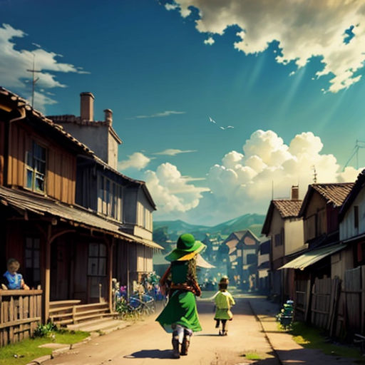 a woman in a green dress and a child in a green dress walking down a street in a village