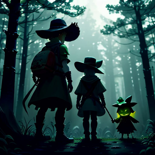 a couple of people standing in the woods with a light on their back and a glowing light on their face