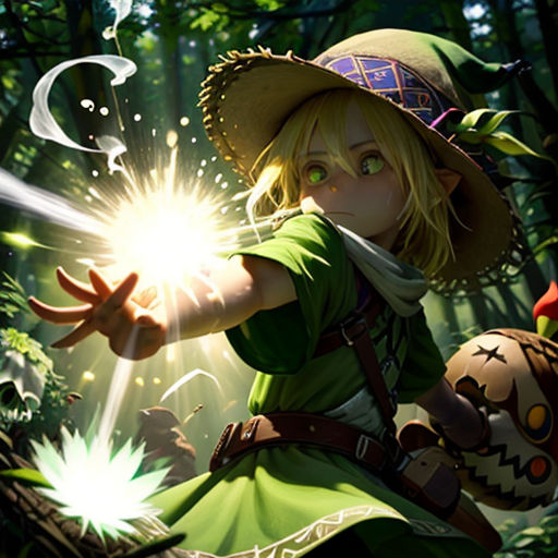 a girl in a green dress holding a light saber in a forest with a green hat and green dress