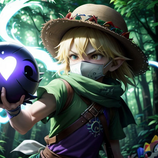a person holding a ball in a forest with a heart on it's face and a hat on
