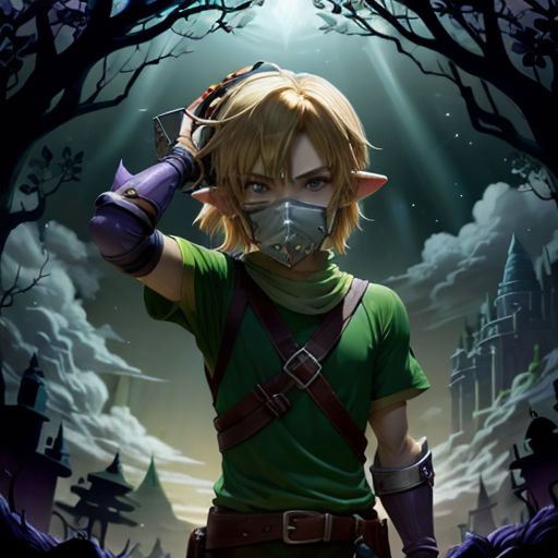 a man in a green shirt and a mask holding a purple object in his hand and a green shirt on his face