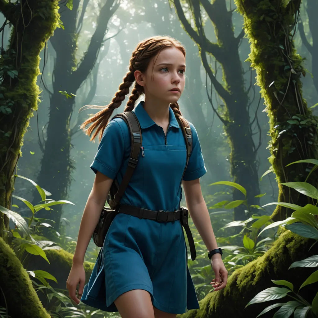 a girl in a blue dress walking through a forest with a backpack on her back and a backpack on her shoulder, neo-primitivism, a detailed matte painting, Elinor Proby Adams, imax 70 mm footage