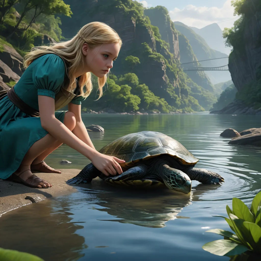 a woman in a green dress petting a turtle in a river with mountains in the background and a bridge in the distance, magical realism, a detailed matte painting, Cliff Childs, vfx