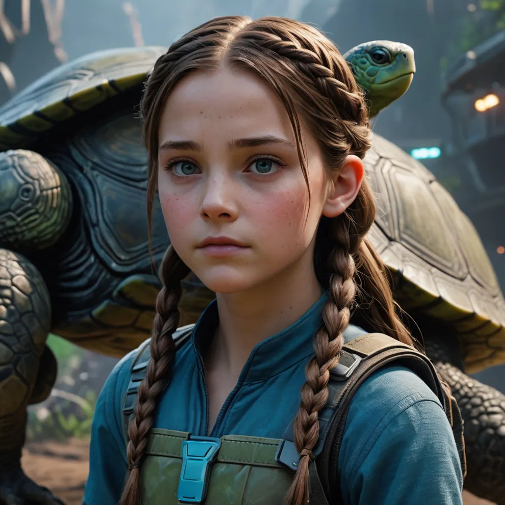 a girl with braids standing next to a turtle in a scene from the movie star wars the force awake, photorealism, a character portrait, Eddie Mendoza, vfx