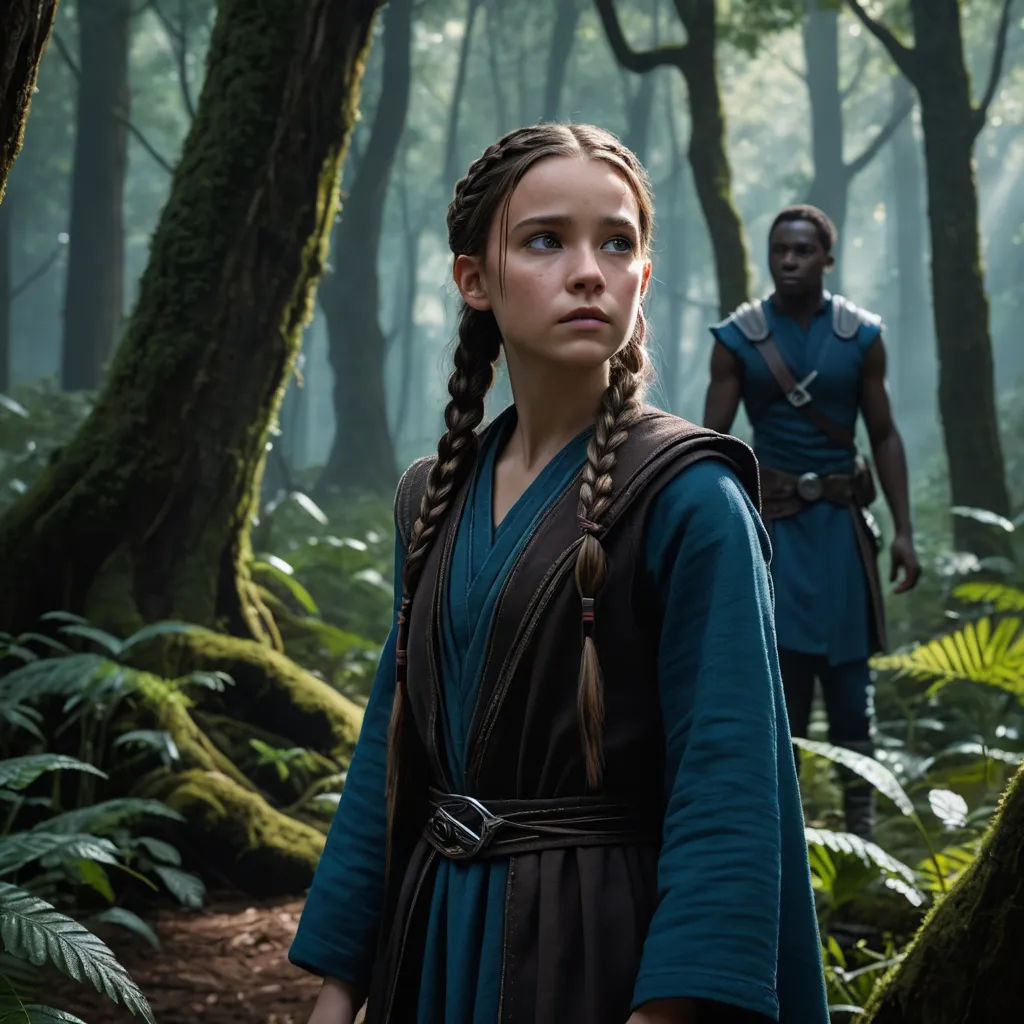 a woman in a blue dress standing next to a man in a forest with trees and ferns on the ground, antipodeans, a renaissance painting, Elinor Proby Adams, imax 70 mm footage