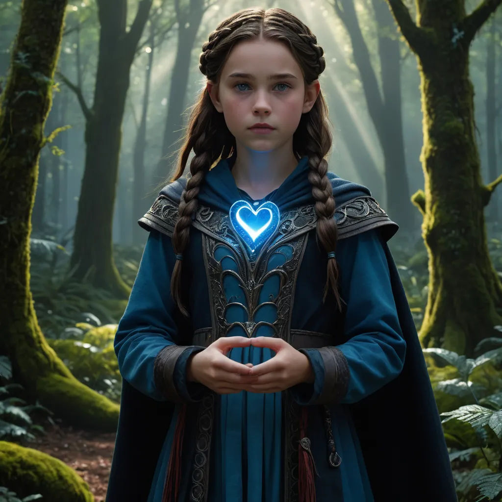 a young girl in a blue dress holding a heart in a forest with trees and grass in the background, symbolism, poster art, Elinor Proby Adams, promotional image