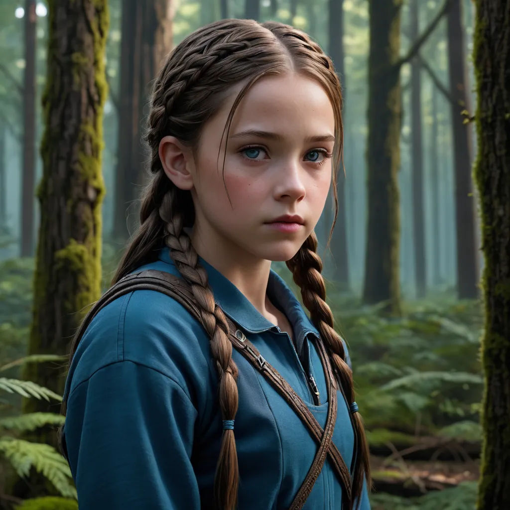 a girl with braids standing in a forest with trees and ferns in the background, looking at the camera, primitivism, a character portrait, Elinor Proby Adams, vfx