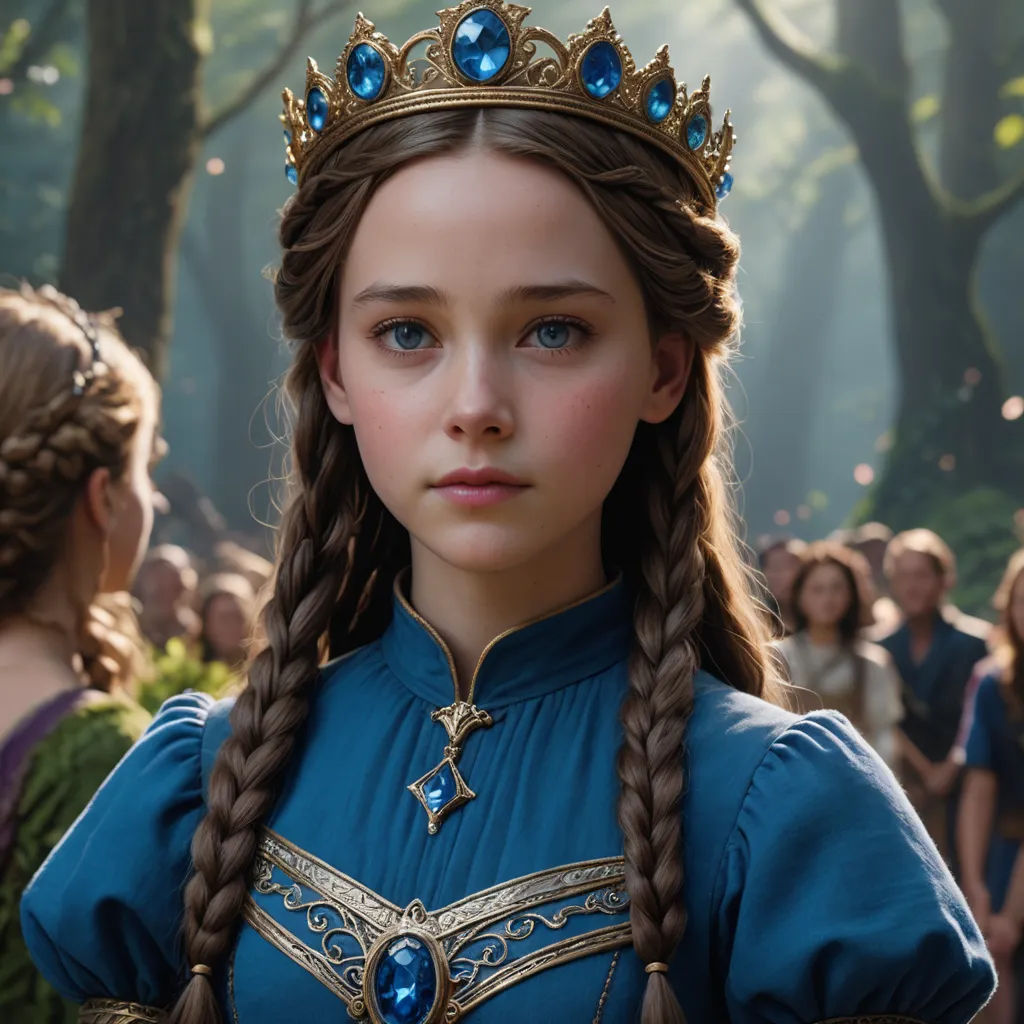 a young girl wearing a blue dress and a crown with blue jewels on her head and braids in her hair, pre-raphaelitism, a detailed matte painting, Dorothy Coke, vfx