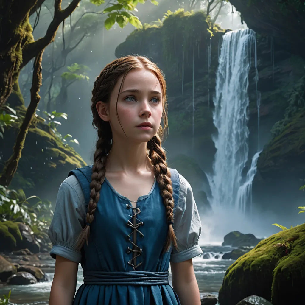 a girl in a blue dress standing in front of a waterfall with a waterfall in the background and a forest, magical realism, a detailed matte painting, Dorothy Coke, promotional image