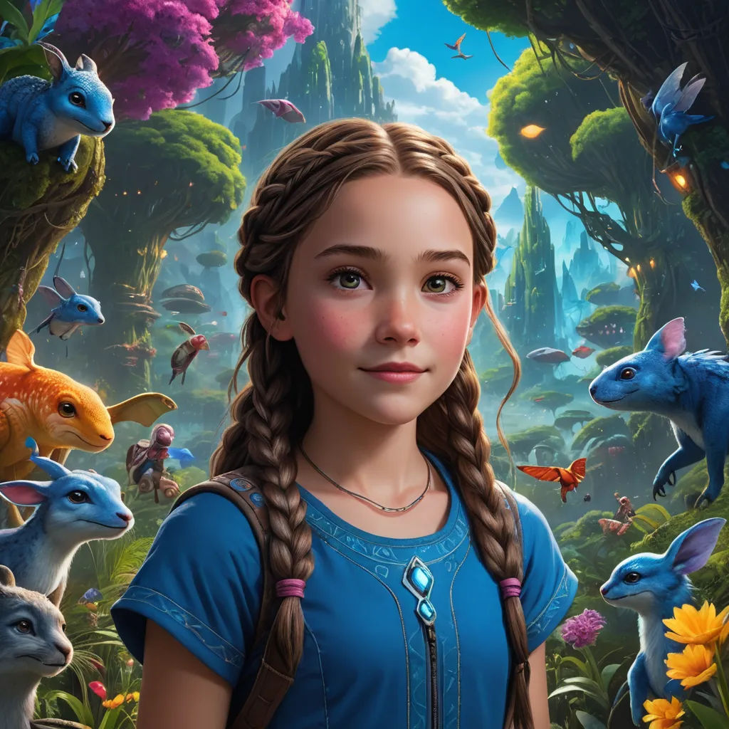 a girl with braids standing in front of a forest full of animals and plants with a blue shirt, photorealism, poster art, Drew Struzan, rossdraws global illumination