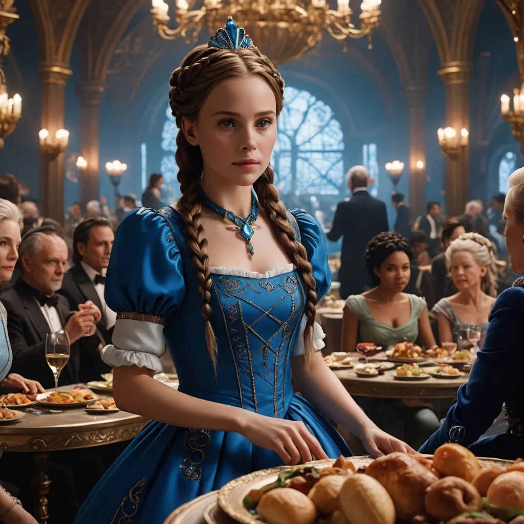 a woman in a blue dress standing in front of a table of food and people sitting around it in a restaurant, rococo, a detailed matte painting, Constance Gordon-Cumming, j. c. leyendecker 8 k