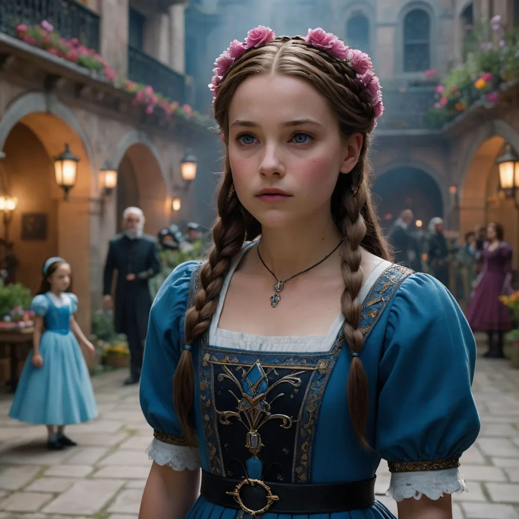 a woman in a blue dress standing in a courtyard with a man in a suit and a woman in a blue dress, aestheticism, a detailed matte painting, Anne Said, movie still