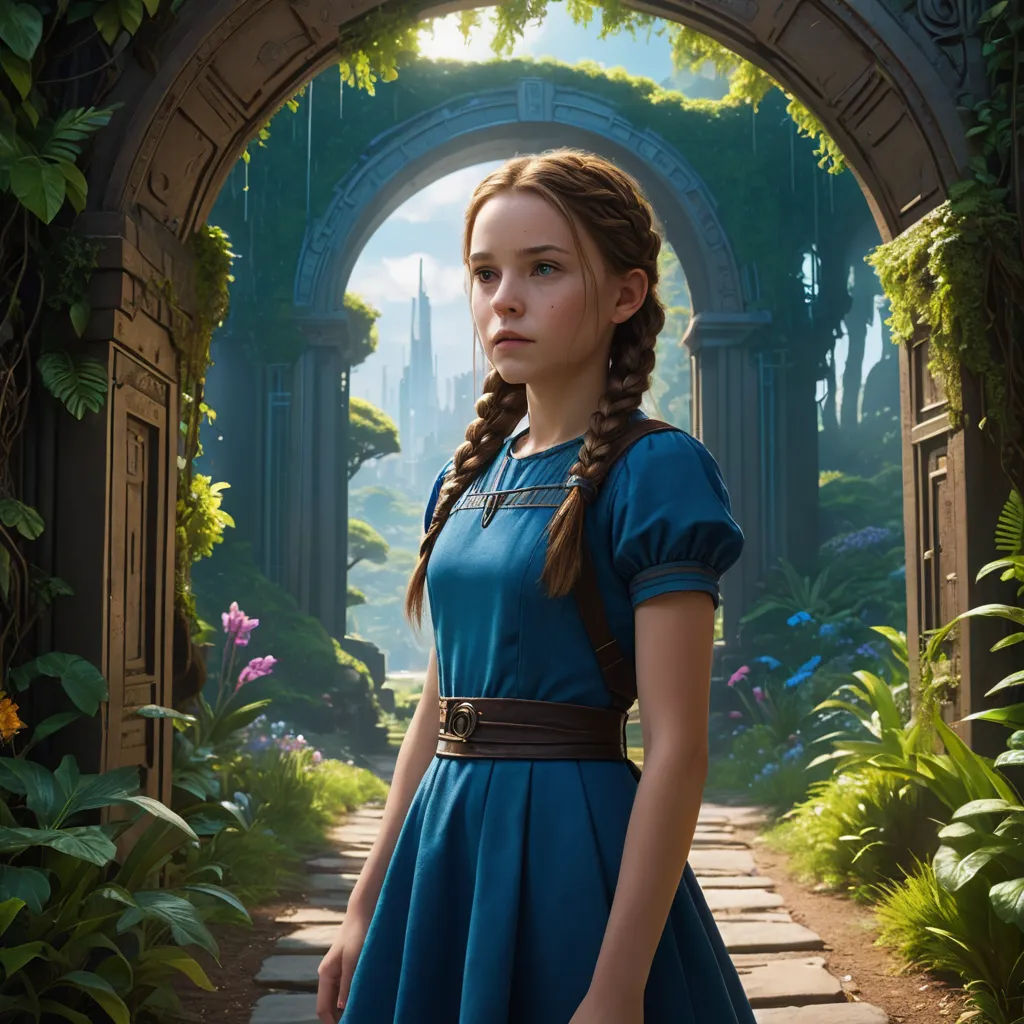 a young girl in a blue dress standing in a garden with a castle in the background and a archway, magical realism, a detailed matte painting, Clint Cearley, promotional image