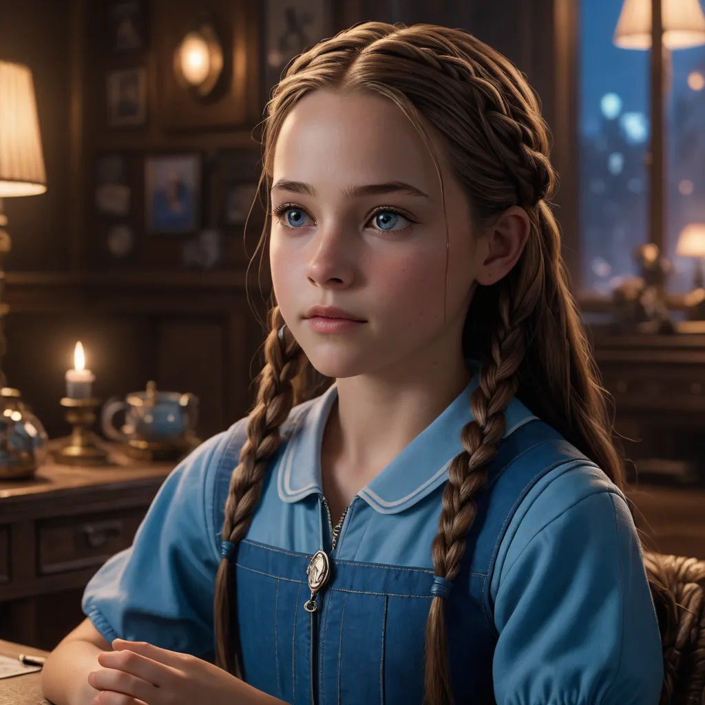 a young girl with braids sitting at a table in a room with a lamp on it and a lamp on the wall, photorealism, a photorealistic painting, Anne Said, cgstudio