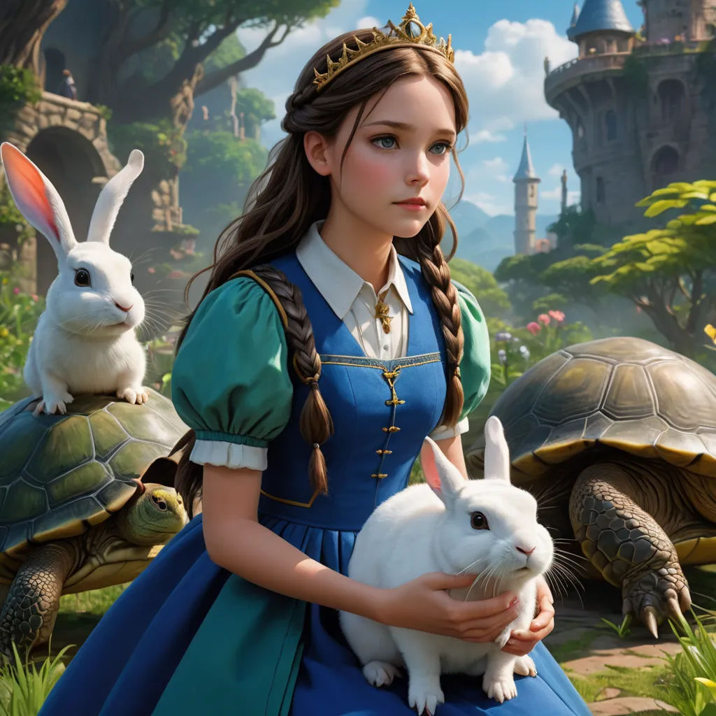 a girl in a blue dress holding a rabbit and a turtle in a forest with a castle in the background, fantasy art, a storybook illustration, Alice Prin, rossdraws global illumination