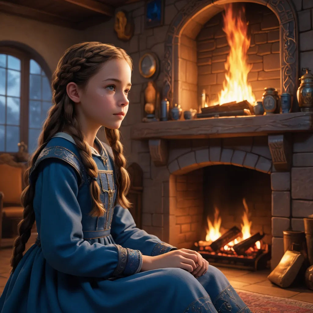 a young girl sitting in front of a fire place in a room with a fireplace and a fire place, photorealism, a detailed matte painting, Arthur Hughes, promotional image