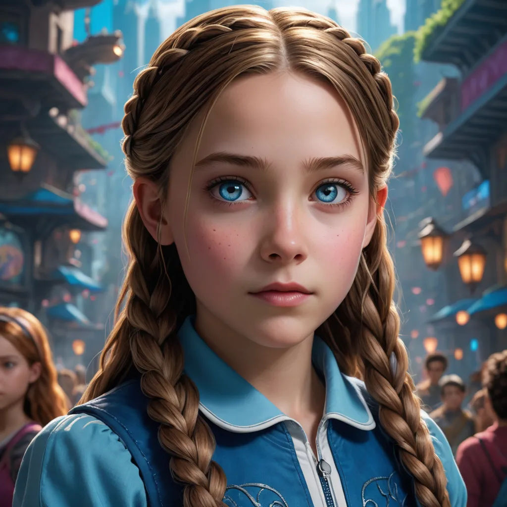 a girl with braids and blue eyes looks into the distance while standing in front of a crowd of people, photorealism, a character portrait, Clint Cearley, rossdraws global illumination