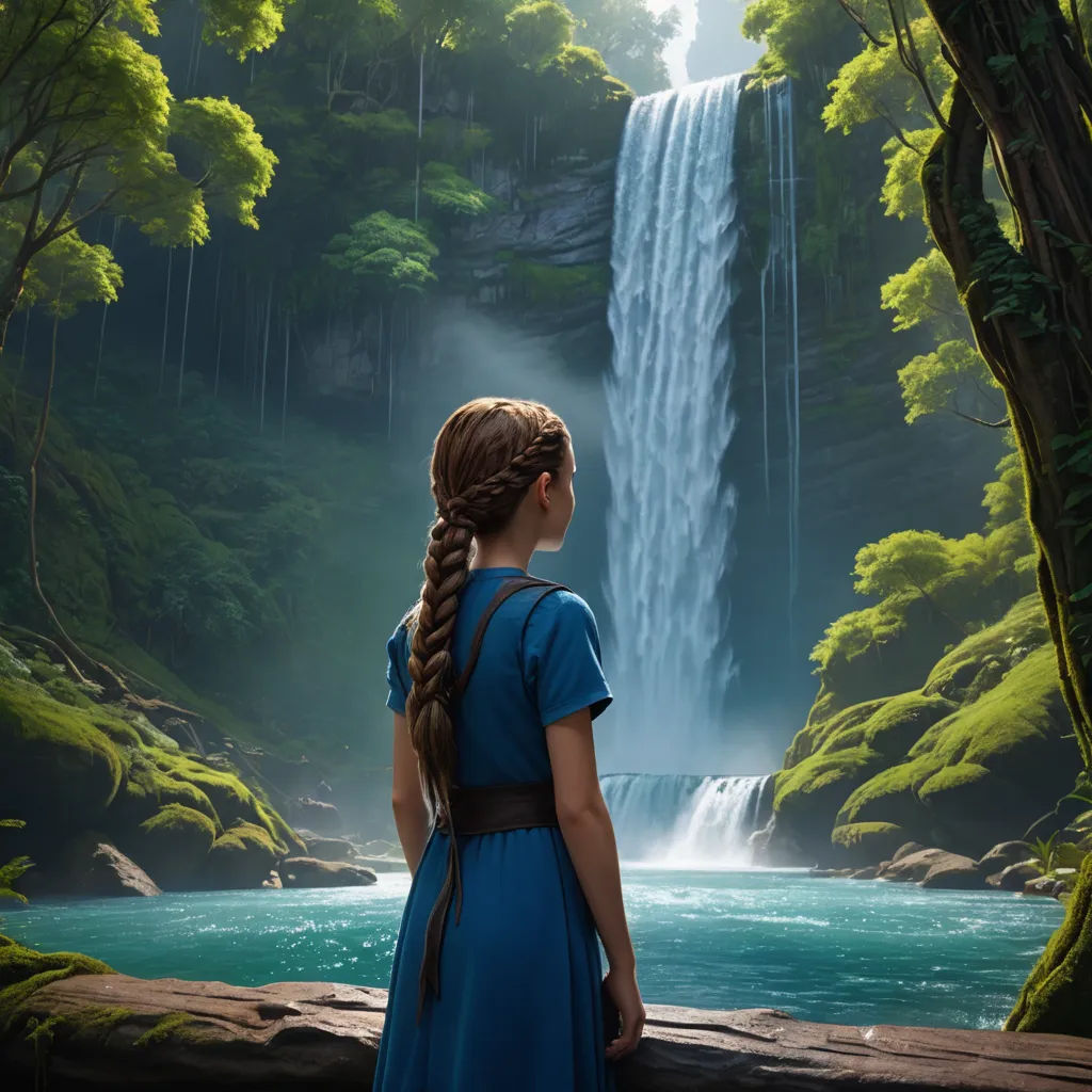 a girl in a blue dress looking at a waterfall with a waterfall in the background and a waterfall in the foreground, photorealism, a detailed matte painting, Clint Cearley, cgstudio