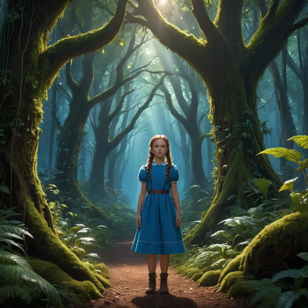 a young girl standing in a forest with a light shining through the trees on her head and shoulders, in front of a path with green leaves and ferns, magical realism, a detailed matte painting, Dorothy Coke, imax 70 mm footage