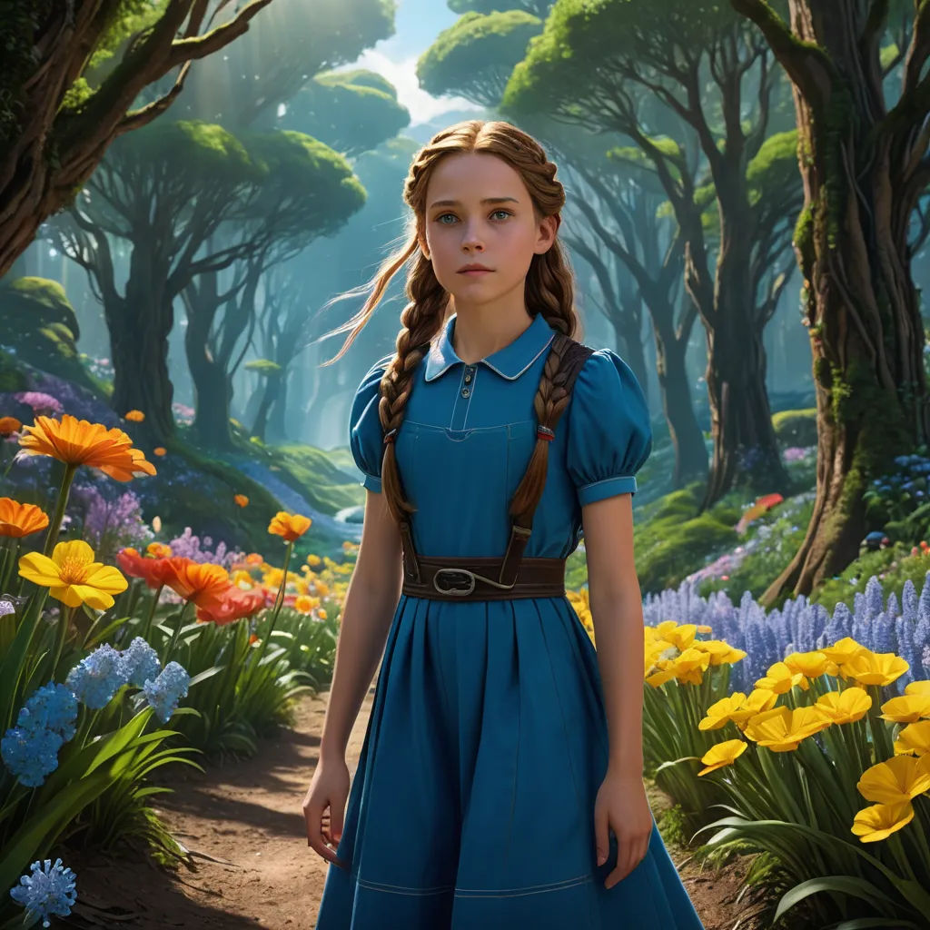 a young girl in a blue dress standing in a field of flowers with a forest in the background and a sun shining through the trees, magical realism, a detailed matte painting, Alice Prin, promotional image