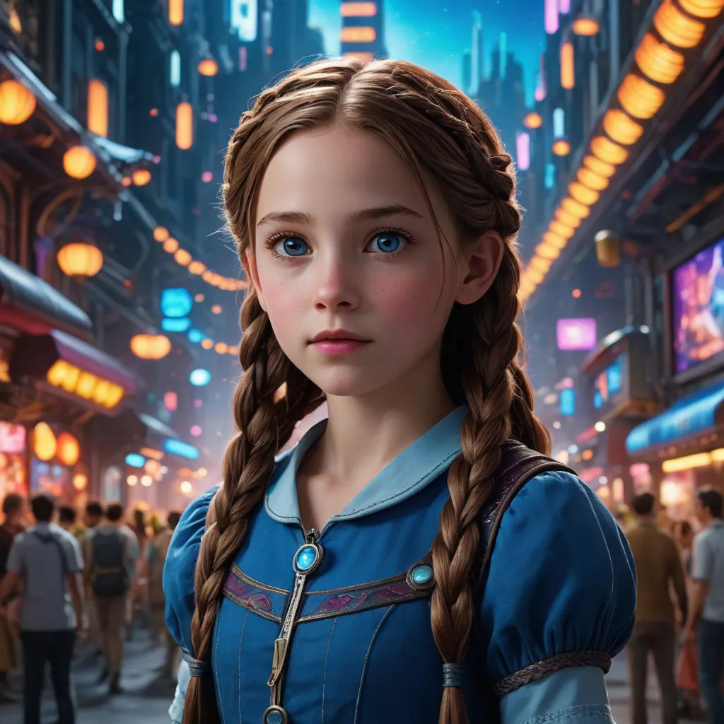 a girl with braids standing in a city at night with people walking around her and a cityscape in the background, photorealism, a detailed matte painting, Alice Prin, rossdraws global illumination