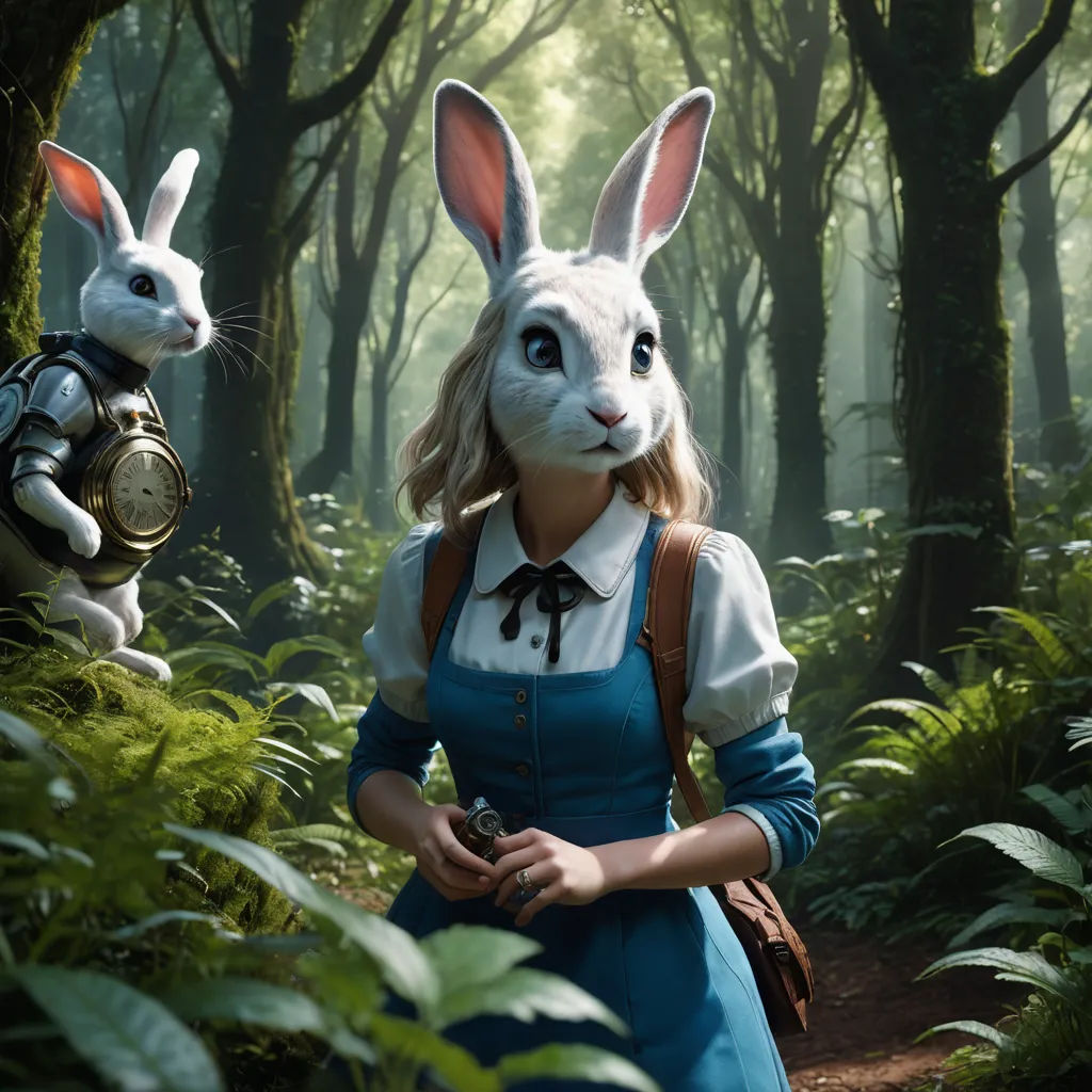 a rabbit and a rabbit girl in a forest with trees and ferns, one of them is holding a camera, furry art, a character portrait, Beatrix Potter, promotional image