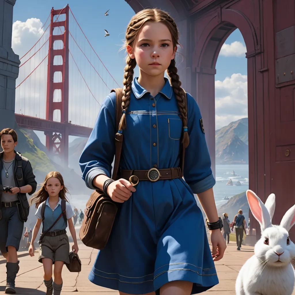 a girl in a blue dress and a bunny in a blue dress and a girl in a blue dress, fantastic realism, a detailed matte painting, Clint Cearley, promotional image