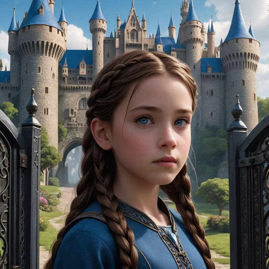 a young girl with braids standing in front of a castle gate with a castle in the background and a blue sky, photorealism, a detailed matte painting, Cliff Childs, cgstudio