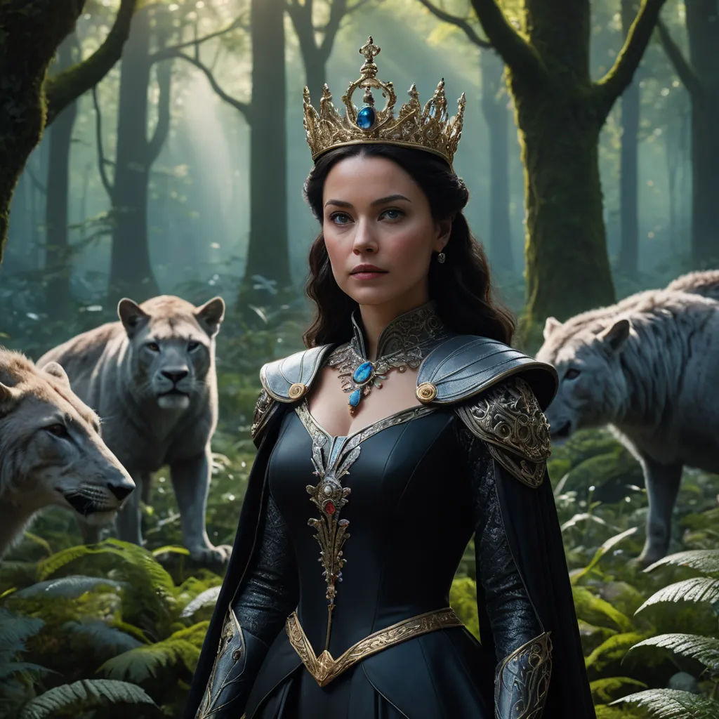 a woman in a black dress and crown standing in a forest with white wolfs behind her and a forest scene behind her, gothic art, a detailed matte painting, Dorothy Coke, promotional image