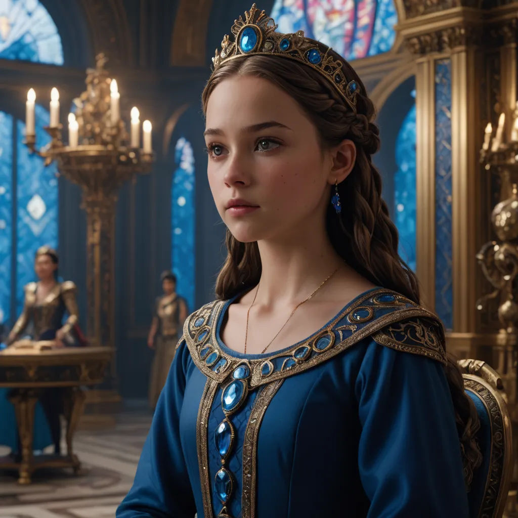 a woman in a blue dress standing in a room with a table and a chandelier in front of her, aestheticism, a detailed matte painting, Altoon Sultan, movie still