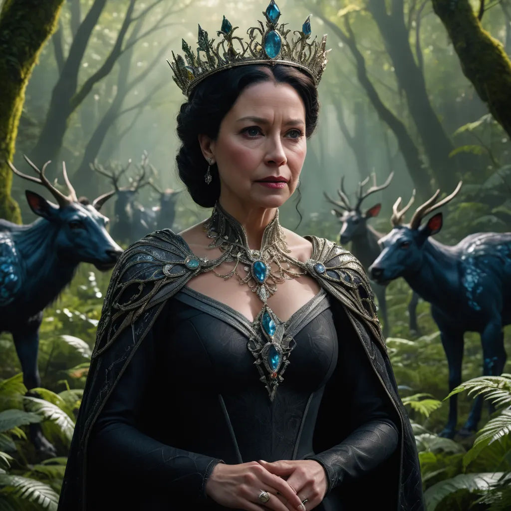 a woman in a black dress and crown standing in a forest with deer statues behind her and a forest scene behind her, fantasy art, a detailed matte painting, Cedric Peyravernay, promotional image
