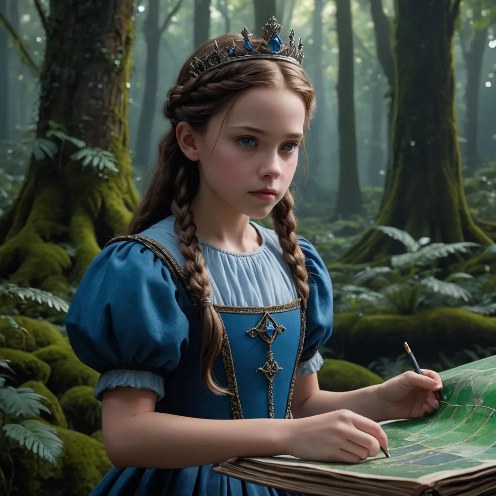 a young girl in a blue dress is holding a book and writing something in a forest with ferns and ferns, magical realism, a detailed matte painting, Alice Prin, vfx