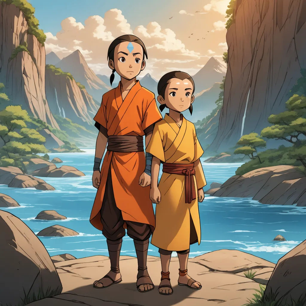 a cartoon of two people standing next to each other on a rocky cliff overlooking a river and mountains in the background, sots art, concept art, ESAO, official art