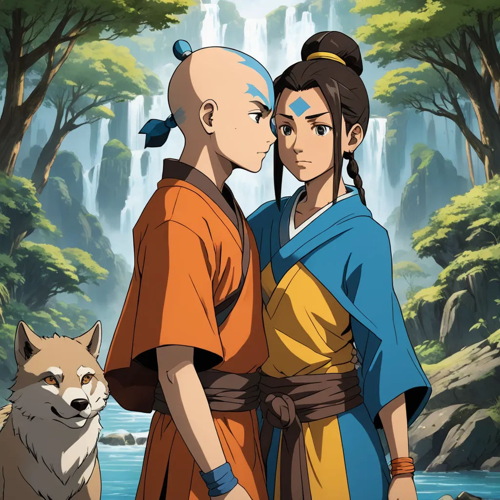 a couple of people standing next to each other near a dog and a waterfall in the background with trees, sots art, a poster, Bálint Kiss, official art